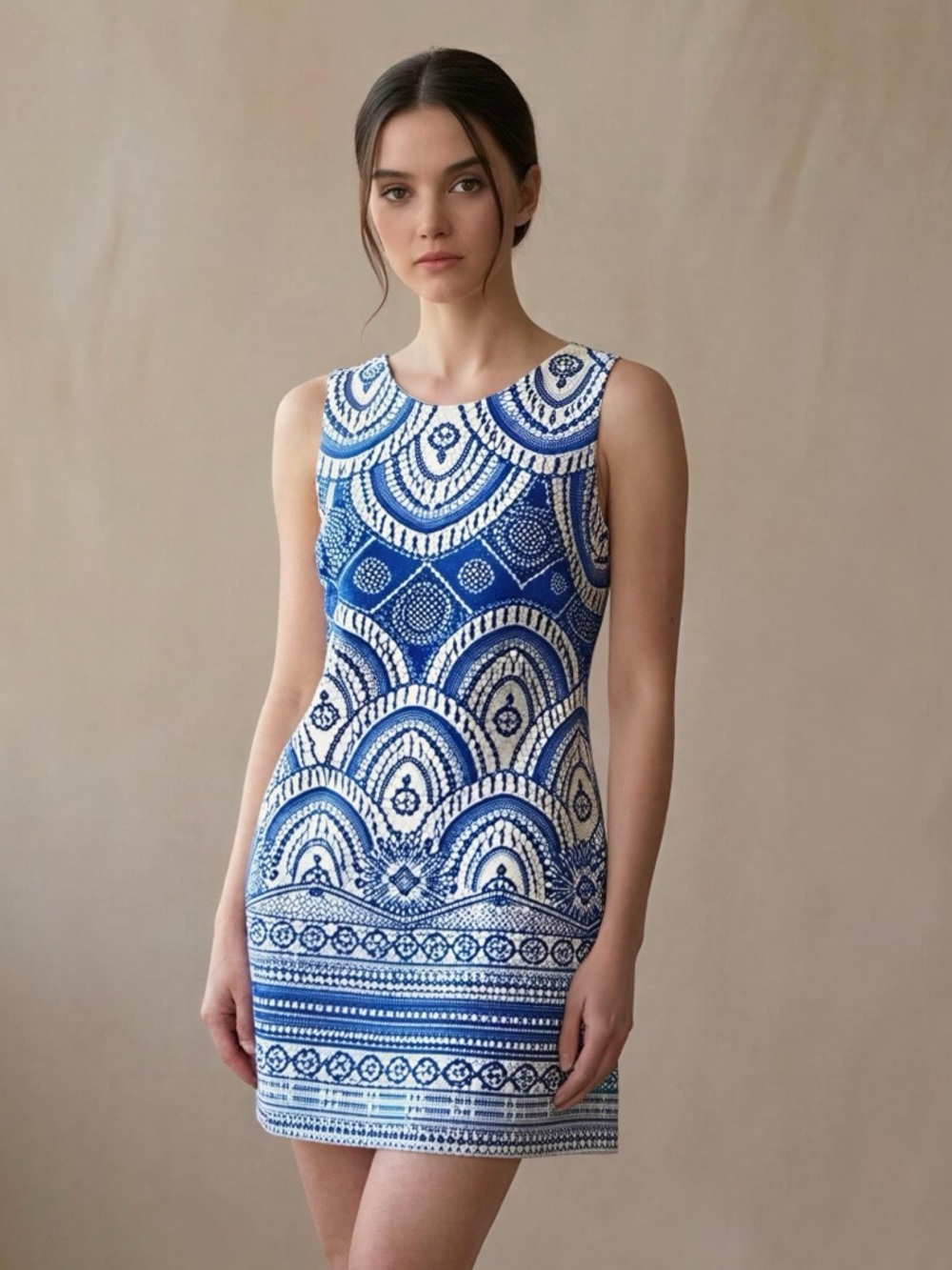 Just...Taylor Blue and White Geometric Midi Shift Dress Size 8